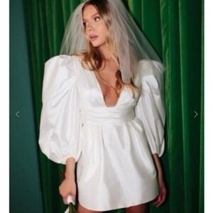 NEW Reformation Weslan Puff Sleeve V-Neck Mini Dress Ivory Women's Size 12